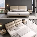 Background Double Bed Featuring Beige Leather Headboard Dark Gray Wall Nightstands And Scenic View