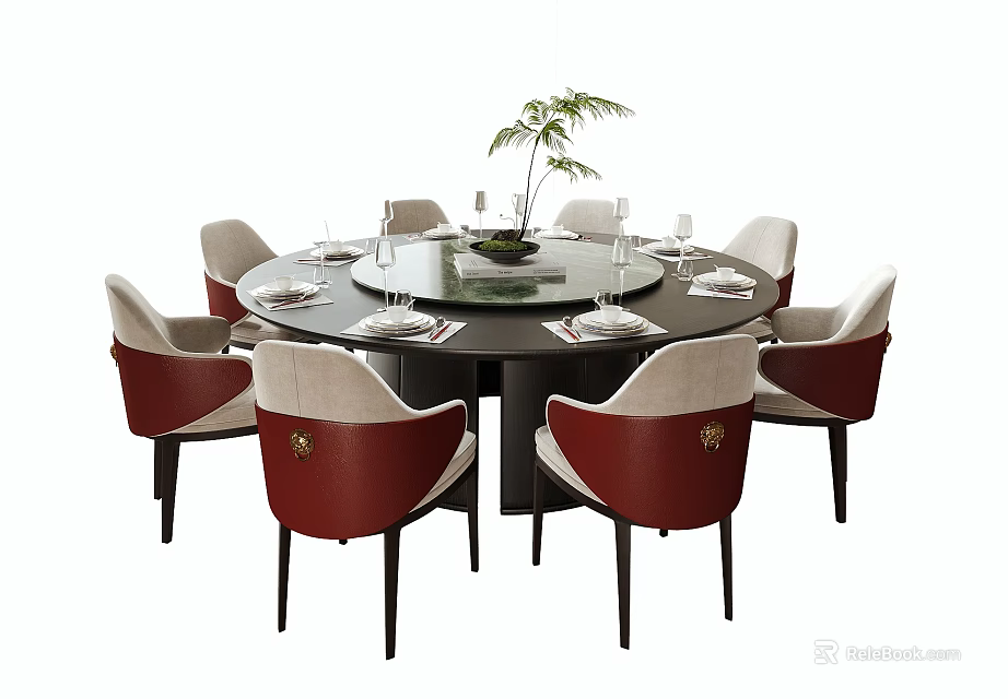 Elegant Round Dining Table And Red Beige Chairs Set With Green Plant Centerpiece And Tableware 3d model 