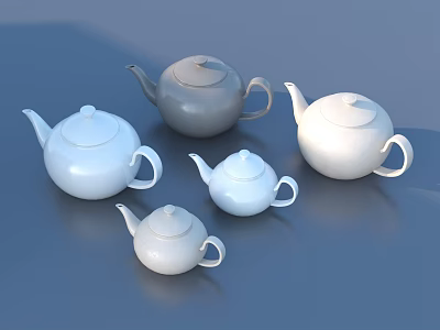 Various Sizes of White and Gray Teapots with Lids Arranged on Blue Surface 3d model