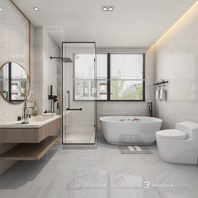 Modern Bathroom Design With Glass Shower Enclosure Freestanding Bathtub Wooden Vanity Round Mirror Marble Walls 3d model 