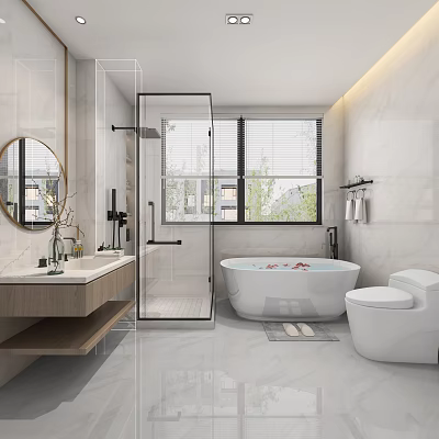 Modern Bathroom Design With Glass Shower Enclosure Freestanding Bathtub Wooden Vanity Round Mirror Marble Walls 3d model