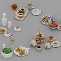 Delicious Assorted Foods With Savory Dishes Sweet Desserts Fresh Salad Waffles Cookies And Tea Cups