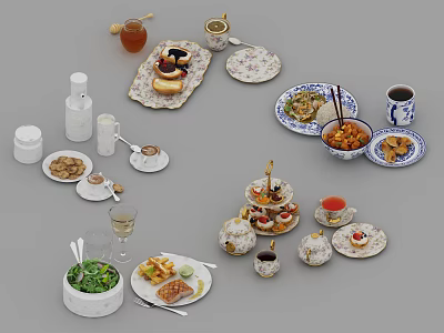 Delicious Assorted Foods With Savory Dishes Sweet Desserts Fresh Salad Waffles Cookies And Tea Cups 3d model