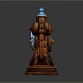 Steampunk Mechanical Device With Brass Gears Wooden Base And Blue Glass Element