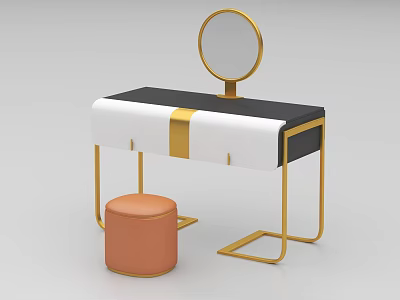 Modern Elegant Dressing Table With Round Gold Frame Mirror Black White Countertop And Orange Stool 3d model