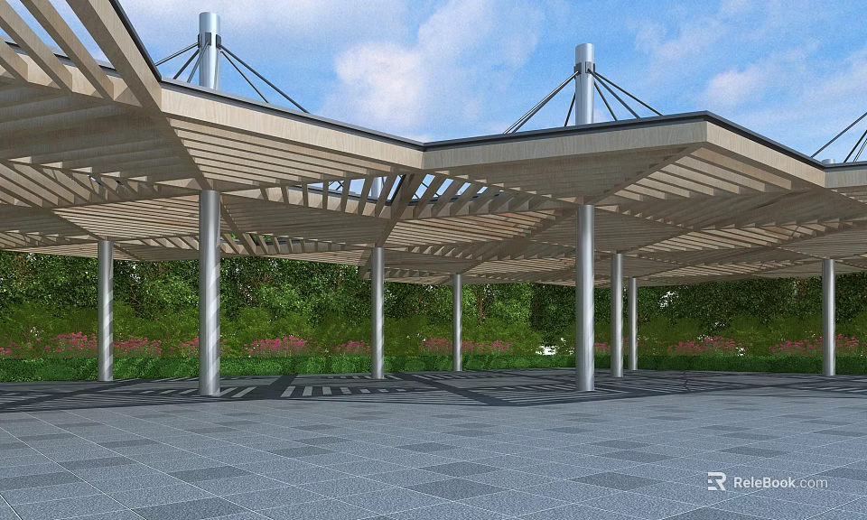Modern Pergola Structure With Wooden Roof And Metal Columns In Outdoor Space 3d model 