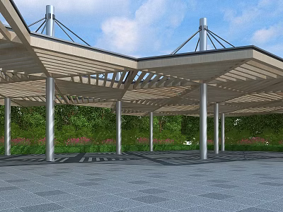 Modern Pergola Structure With Wooden Roof And Metal Columns In Outdoor Space 3d model