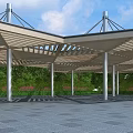 Modern Pergola Structure With Wooden Roof And Metal Columns In Outdoor Space