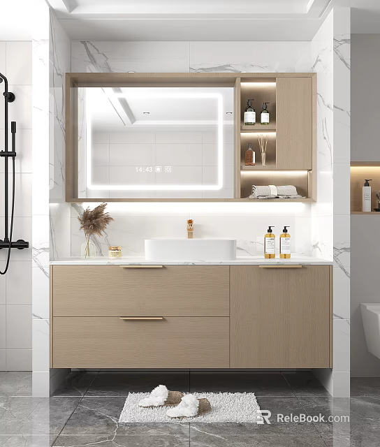 Modern Wooden Bathroom Cabinet With Lighted Mirror Marble Wall And Sink Storage 3d model 