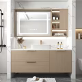 Modern Wooden Bathroom Cabinet With Lighted Mirror Marble Wall And Sink Storage
