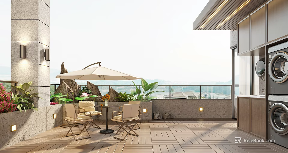 Serene Terrace Garden With Beige Umbrella Table Chairs And Wooden Deck Plants 3d model 