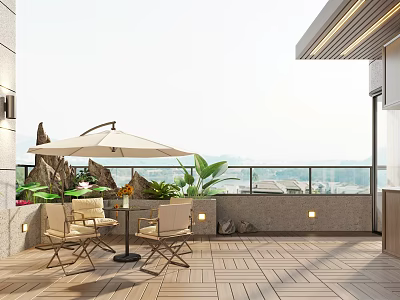 Serene Terrace Garden With Beige Umbrella Table Chairs And Wooden Deck Plants 3d model