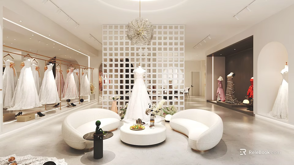Elegant Modern Clothing Store Interior Featuring Wedding Dresses White Sofas And Chandelier 3d model