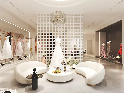Elegant Modern Clothing Store Interior Featuring Wedding Dresses White Sofas And Chandelier 3d model