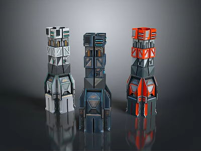 Three Futuristic Tower Structures With Gray Blue And Orange Geometric Layered Designs 3d model