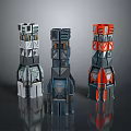 Three Futuristic Tower Structures With Gray Blue And Orange Geometric Layered Designs