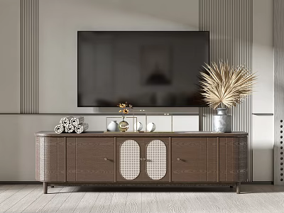 Modern Wooden TV Stand With Lattice Doors Decorative Vases And Pampas Grass 3d model