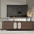 Modern Wooden TV Stand With Lattice Doors Decorative Vases And Pampas Grass