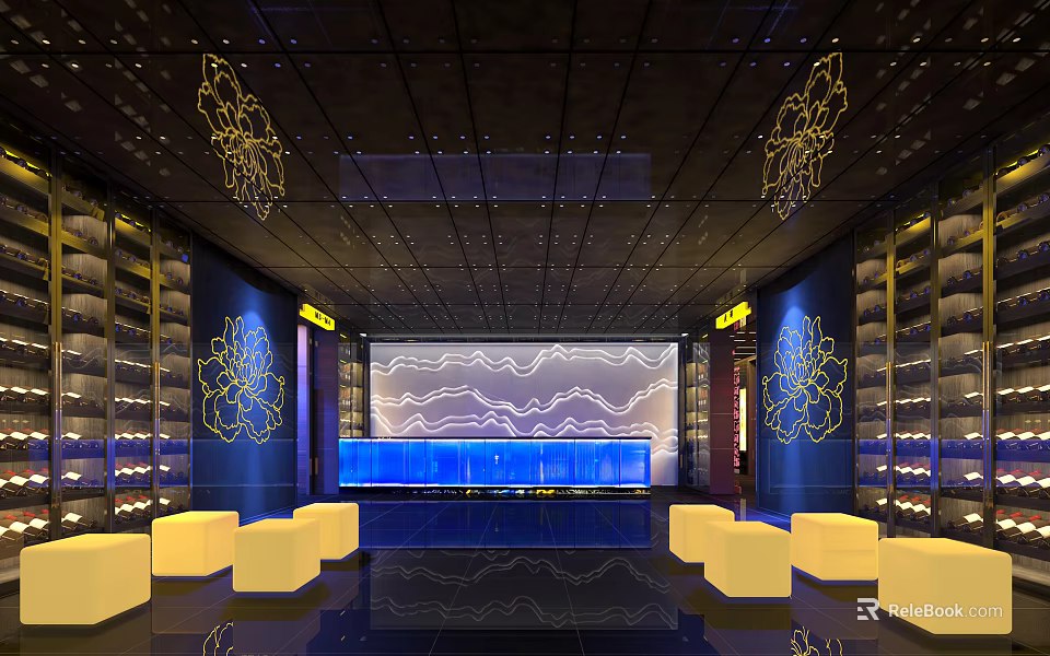 Elegant Modern KTV Interior With Decorative Ceiling Blue Lighting And Comfortable Seating 3d model 