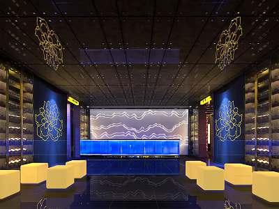 Elegant Modern KTV Interior With Decorative Ceiling Blue Lighting And Comfortable Seating 3d model