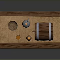 Wooden Bench With Cloth Featuring Wooden Barrel Silver Metal Hoops Small Bottles And Jar