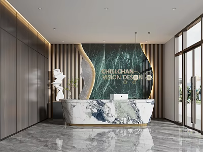 Modern Reception Desk With Marble Countertop Backdrop Wall Company Logo And Potted Plant 3d model