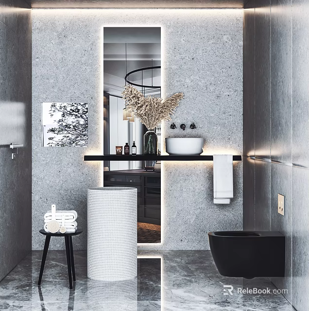Modern Minimalist Bathroom Design With Concrete Walls Mirror White Basin Dried Plants And Black Toilet 3d model 