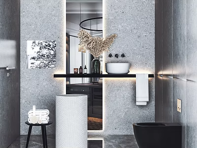 Modern Minimalist Bathroom Design With Concrete Walls Mirror White Basin Dried Plants And Black Toilet 3d model