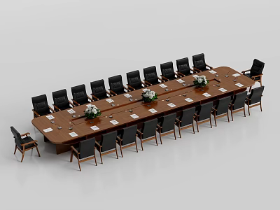 Modern Conference Table With Wooden Top Black Chairs And Floral Arrangements In Meeting Room 3d model