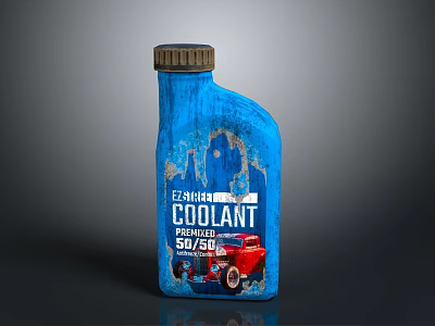Blue Engine Coolant Bottle With 50/50 Premix And Red Car Graphic Design 3d model