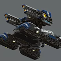 Futuristic Tank With Multiple Cannons Glowing Yellow Lights Blue Gray Color Scheme And Mechanical Tracks
