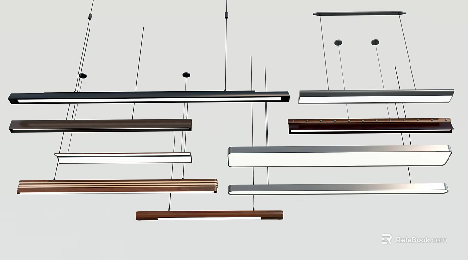 Modern Linear Pendant Lights With Different Materials Hanging In White Background 3d model
