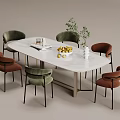 Elegant White Marble Dining Table Set With Metal Legs And Green Brown Curved Back Chairs