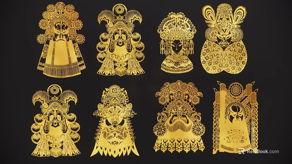 Golden Traditional Mask Pendants With Intricate Paper Cut Designs And Ornate Patterns 3d model 