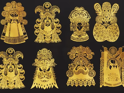 Golden Traditional Mask Pendants With Intricate Paper Cut Designs And Ornate Patterns 3d model