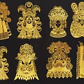 Golden Traditional Mask Pendants With Intricate Paper Cut Designs And Ornate Patterns