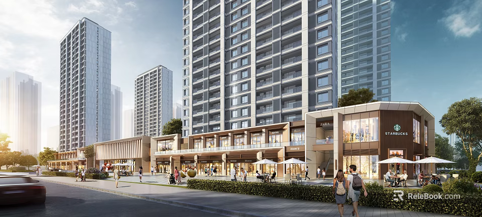 Modern Commercial Street With High Rise Buildings Shops Outdoor Seating And Pedestrians Walking 3d model 