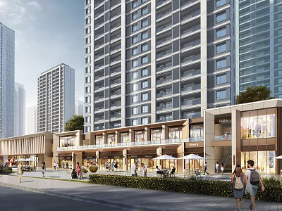 Modern Commercial Street With High Rise Buildings Shops Outdoor Seating And Pedestrians Walking 3d model