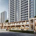 Modern Commercial Street With High Rise Buildings Shops Outdoor Seating And Pedestrians Walking