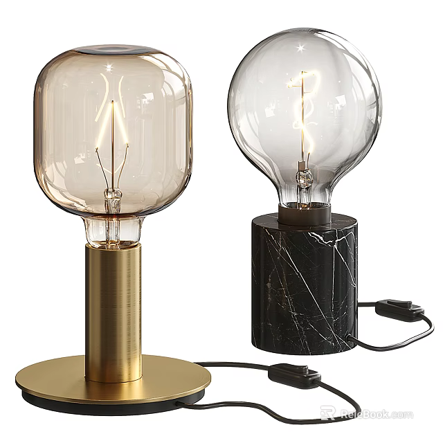Modern Table Lamps With Transparent Glass Shades Spiral Bulbs Gold And Black Marble Bases 3d model 