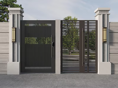 Modern Black Metal Slatted Gate with Pillar Lights and Greenery by Wall 3d model