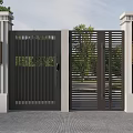Modern Black Metal Slatted Gate with Pillar Lights and Greenery by Wall