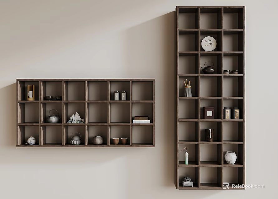 Dark Wooden Display Shelves With Multiple Compartments Holding Books Clock And Decorative Items 3d model 