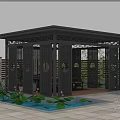 Chinese Style Garden Pavilion With Carved Black Frame And Lotus Pond Surroundings