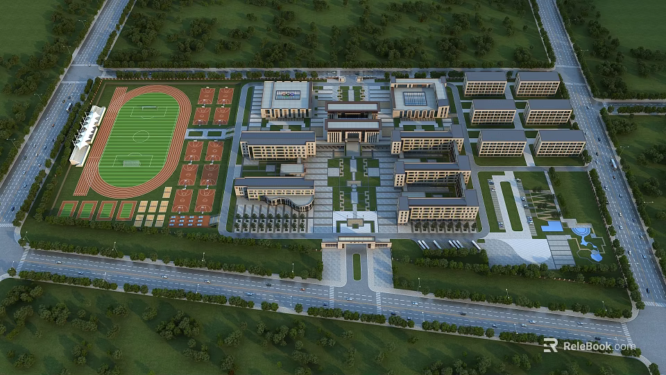 Birds Eye View Planning Of Modern Campus With Classroom Buildings Sports Field And Green Spaces 3d model 