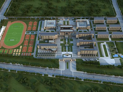 Birds Eye View Planning Of Modern Campus With Classroom Buildings Sports Field And Green Spaces 3d model