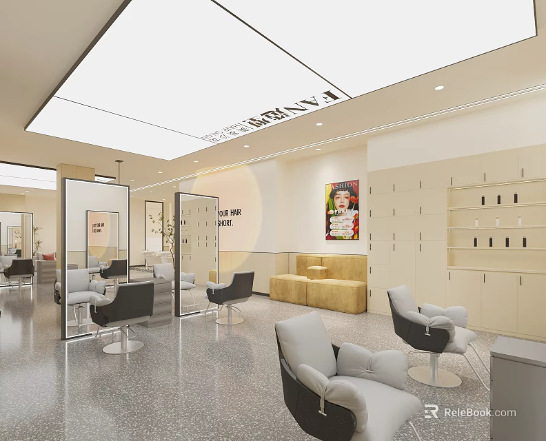 Modern Hair and Beauty Salon Interior With Styling Chairs Mirrors Waiting Sofa And Storage Cabinets 3d model 