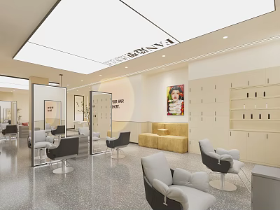 Modern Hair and Beauty Salon Interior With Styling Chairs Mirrors Waiting Sofa And Storage Cabinets 3d model