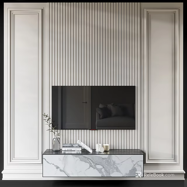 Modern TV Wall Design With Vertical Slats And Marble Console Decor 3d model