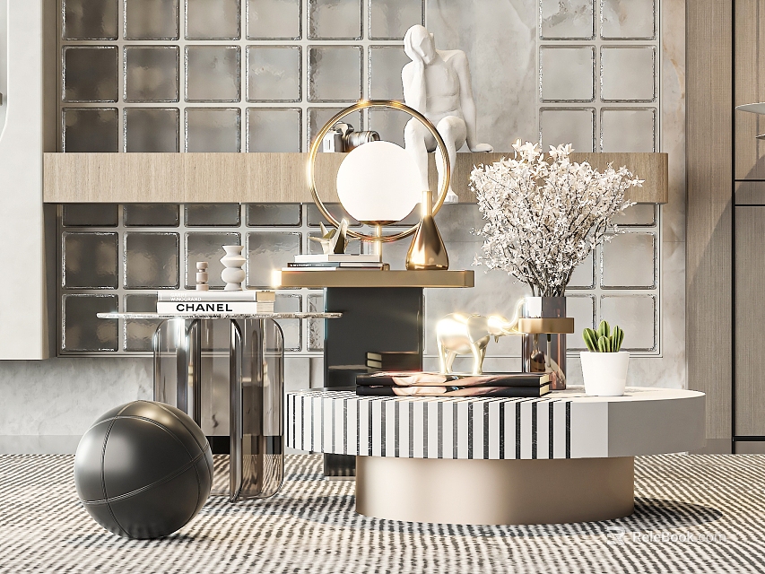 Elegant Modern Coffee Table With Metal And Marble Top Decorative Vase Books Statue On Rug 3d model 